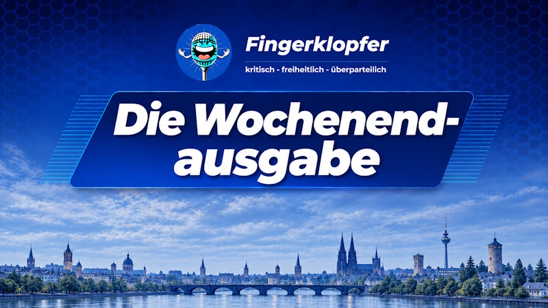 Rubrikbild Die Wochenendausgabe: Schriftzug auf blauem Band über einer Stadtsilhouette am Fluss mit Kirchtürmen, Steinbrücke und Fernsehturm, dazu das Fingerklopfer-Logo