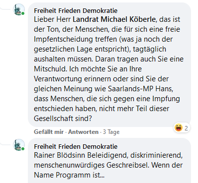 Info an den Landrat über den Hasskommentar