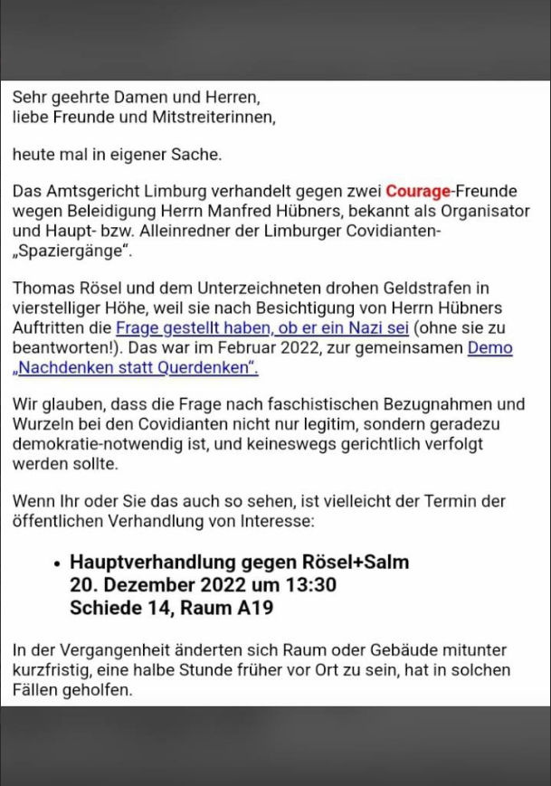 Information zur Gerichtsverhandlung von Herrn Salm, Bündnis Courage