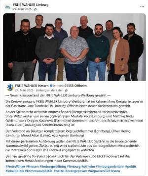 Neuer Vorstand der Freien Wähler im Landkreis Limburg-Weilburg (Stand März 2025)
